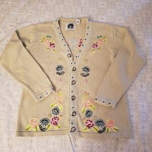 Storybook Knits Cream Cardigan with Floral Embroidery